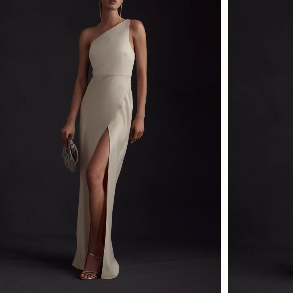 Champagne BHLDN Dylan Dress - One Shoulder Satin Side-Slit Gown